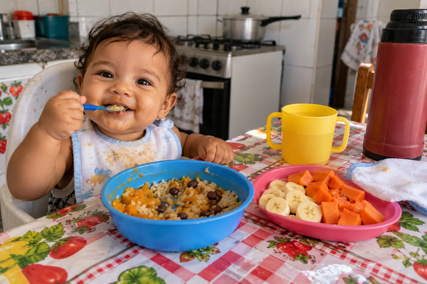 Refeição do bebê com arroz, feijão, legumes e frutas