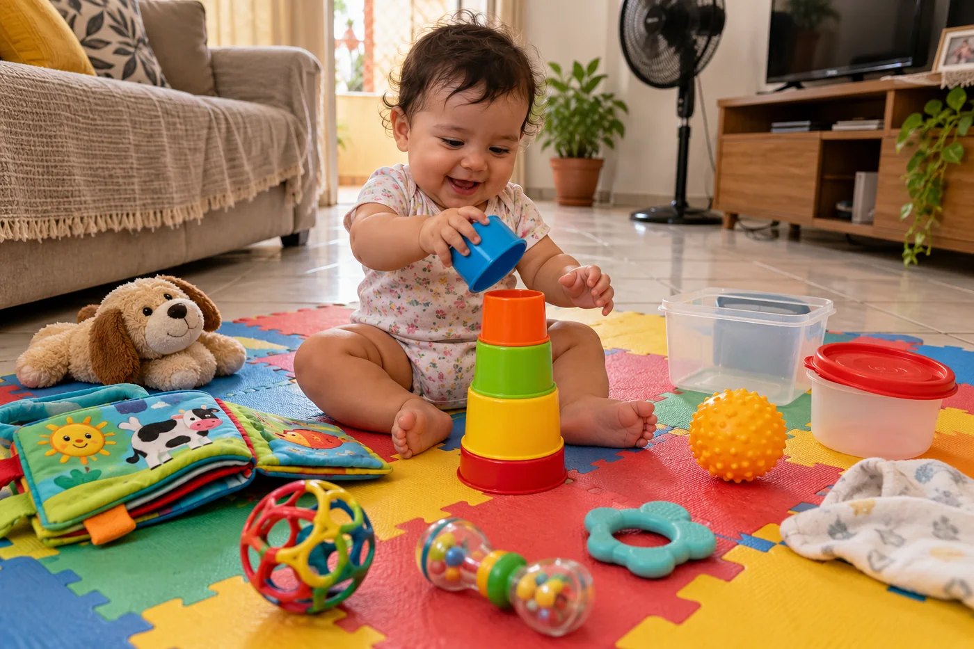 Bebê brincando com brinquedos acessíveis em casa