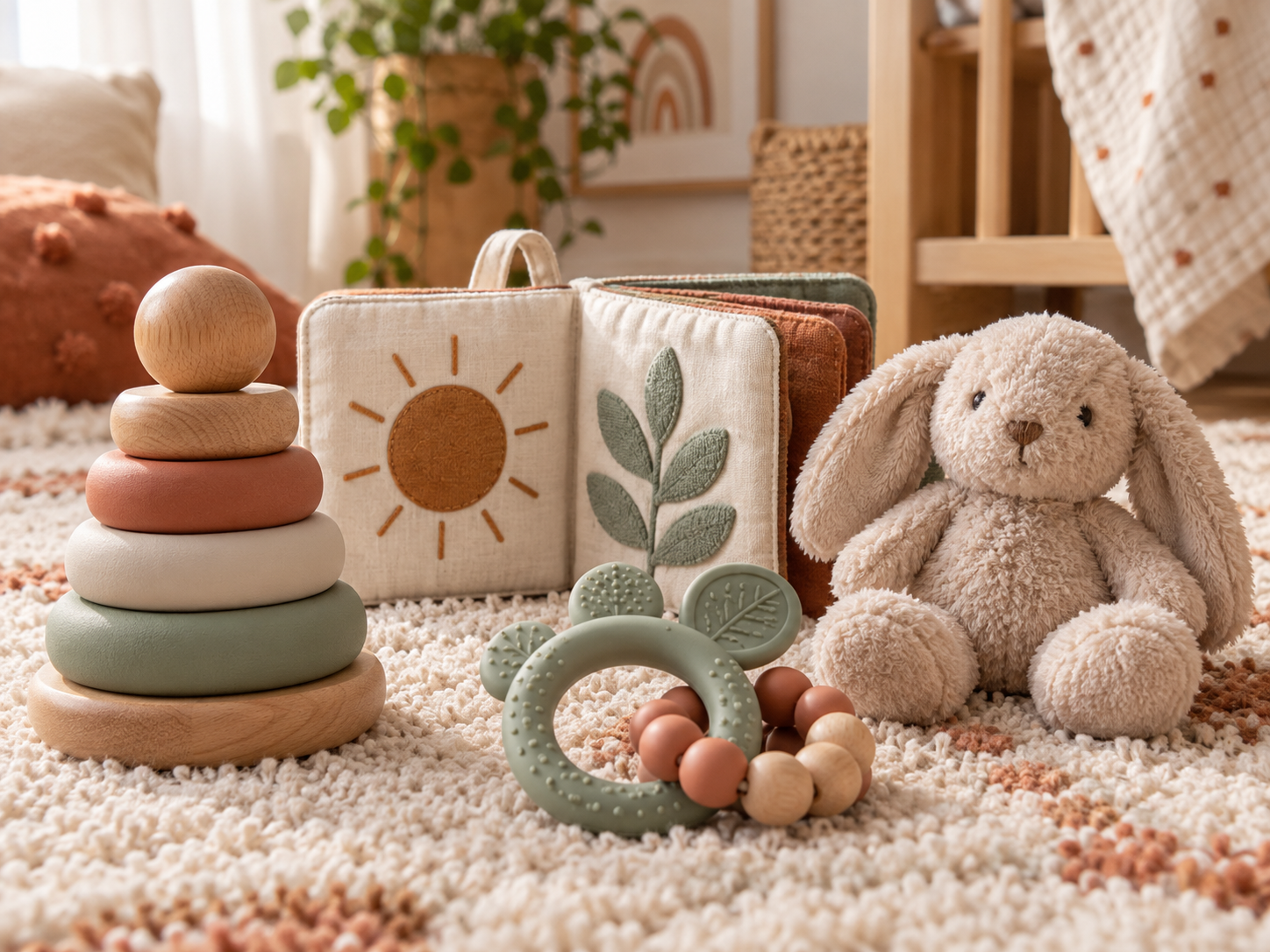 Brinquedos sensoriais de madeira, tecido e silicone