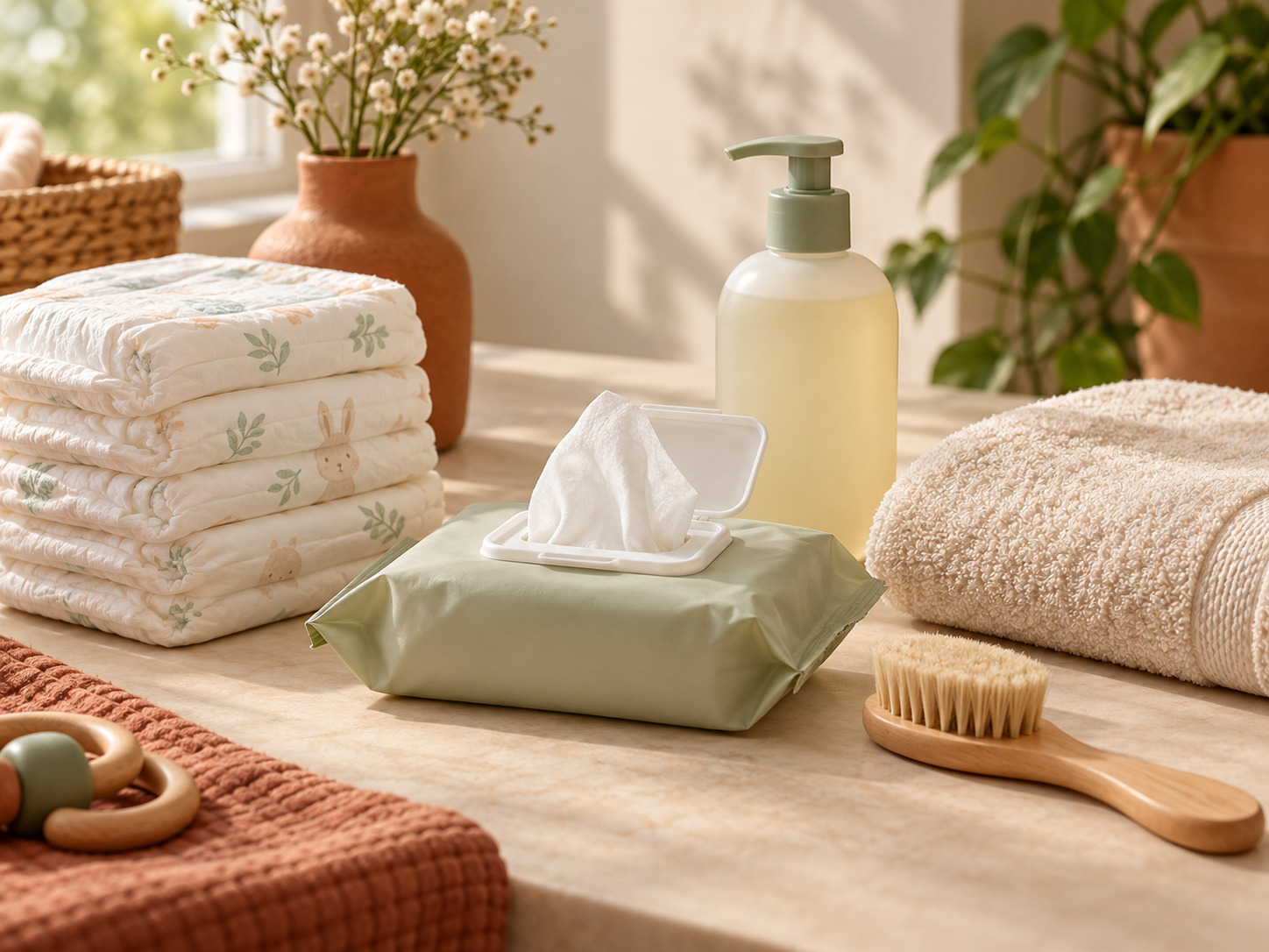 Fraldas, lenços, produtos de banho e toalha para a higiene do bebê
