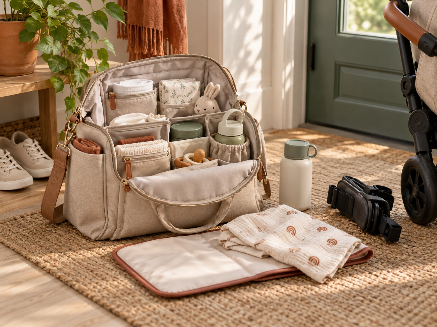 Bolsa organizada com itens essenciais para o passeio do bebê