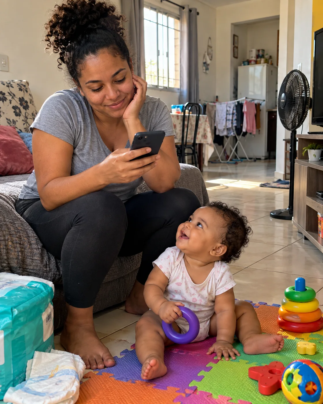 Mãe brasileira com seu bebê enquanto pesquisa preços no celular