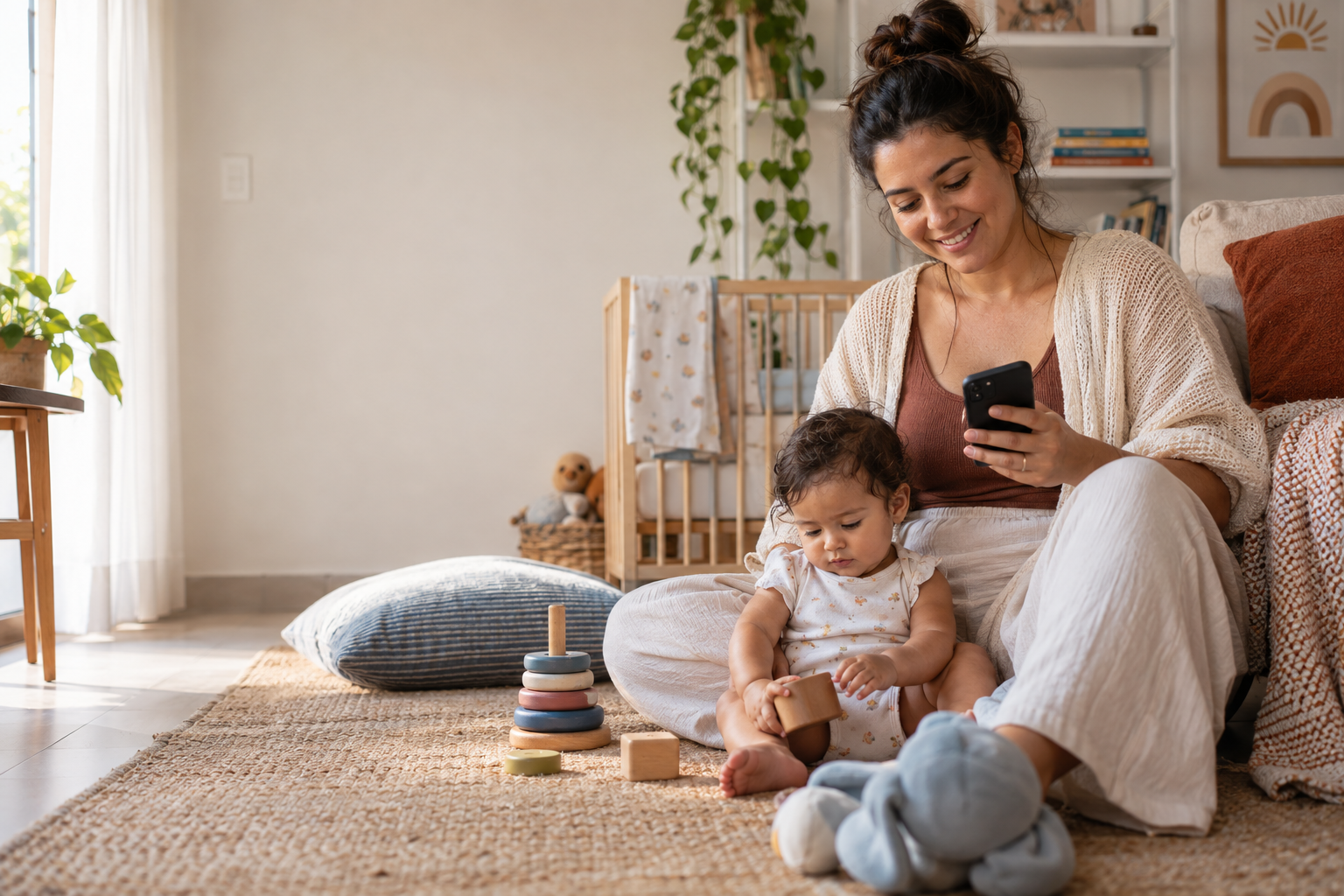 Mãe em casa ao lado do bebê, olhando ofertas no celular