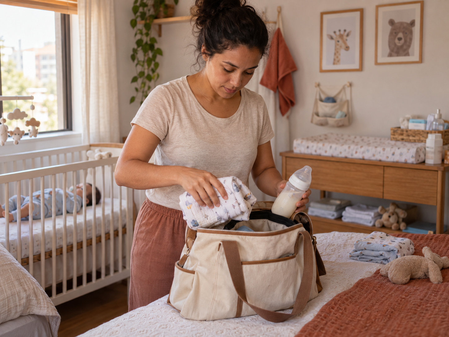 Mãe preparando a bolsa do bebê em casa