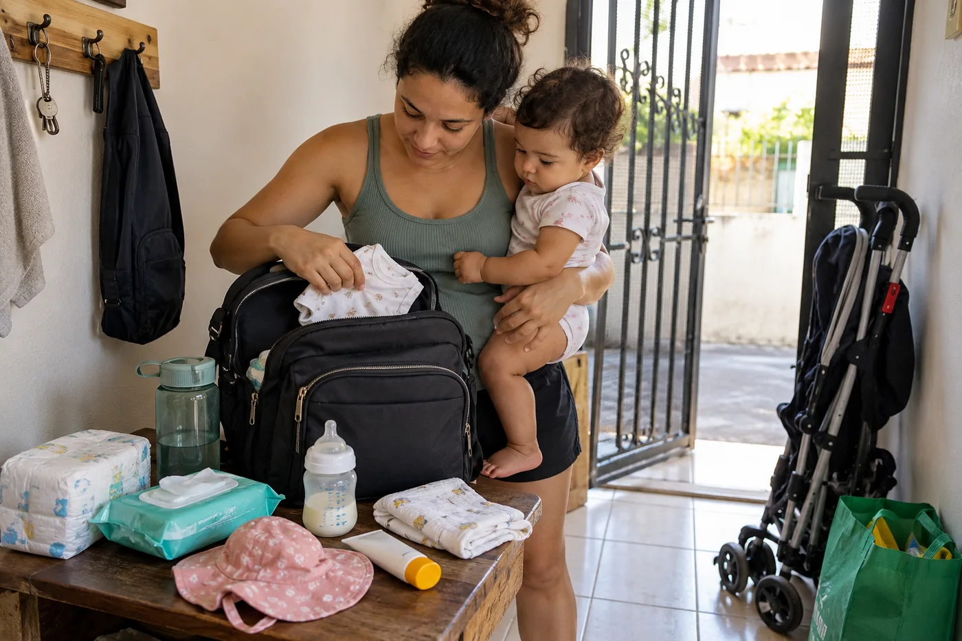 Mãe brasileira preparando a bolsa para sair com o bebê